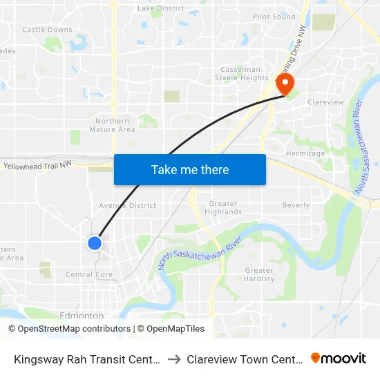 Kingsway Rah Transit Centre to Clareview Town Centre map
