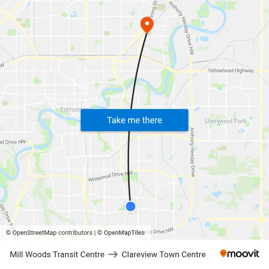 Mill Woods Transit Centre to Clareview Town Centre map