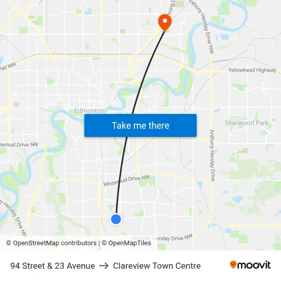 94 Street & 23 Avenue to Clareview Town Centre map