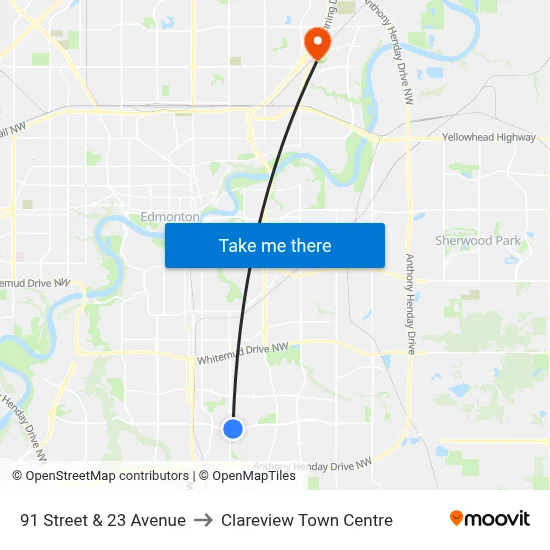 91 Street & 23 Avenue to Clareview Town Centre map