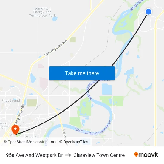 95a Ave And Westpark Dr to Clareview Town Centre map
