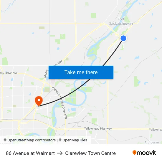 86 Avenue at Walmart to Clareview Town Centre map