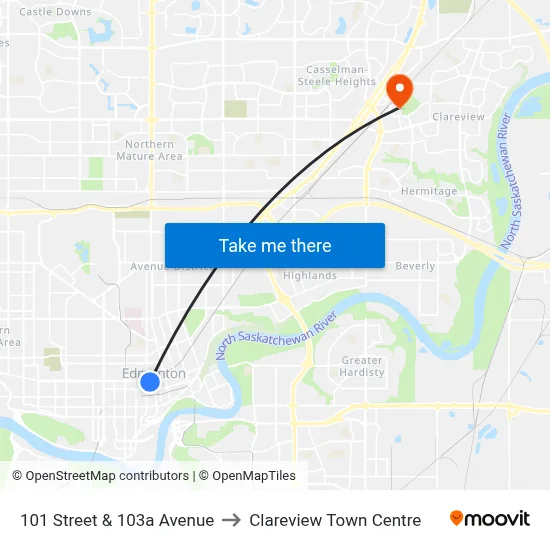 101 Street & 103a Avenue to Clareview Town Centre map