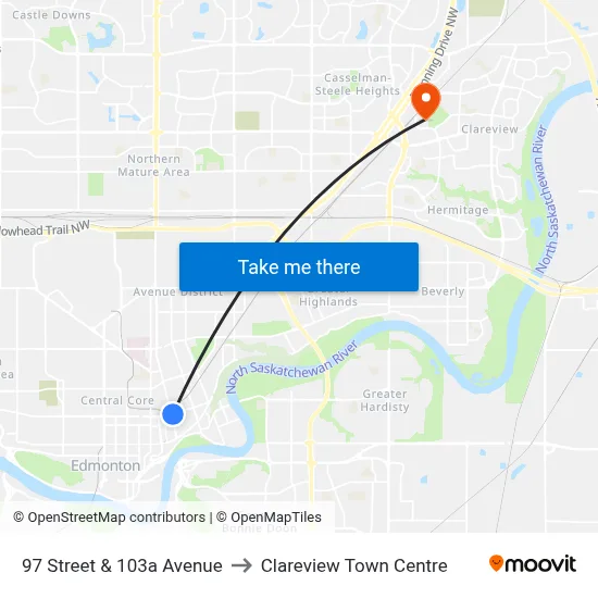 97 Street & 103a Avenue to Clareview Town Centre map