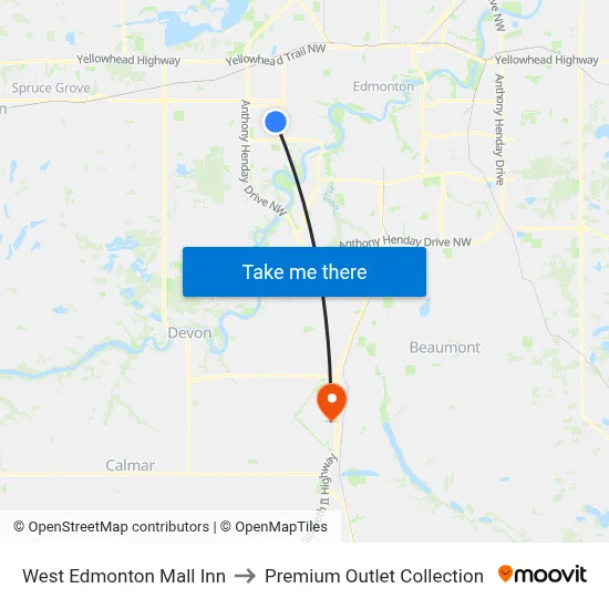 West Edmonton Mall Inn to Premium Outlet Collection map