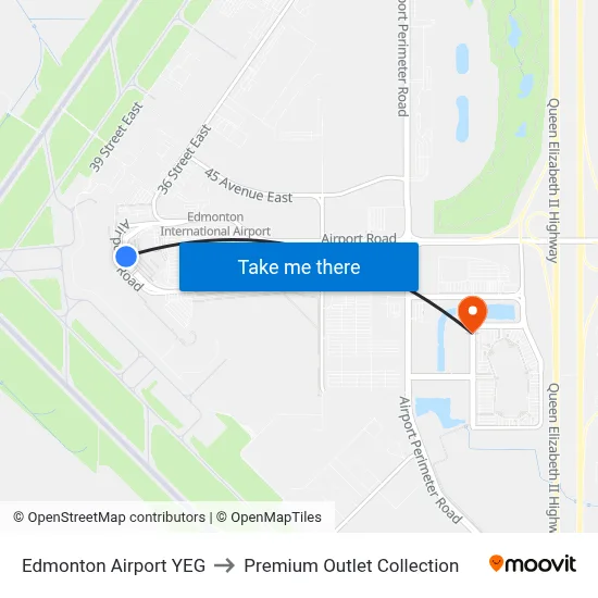 Edmonton Airport YEG to Premium Outlet Collection map