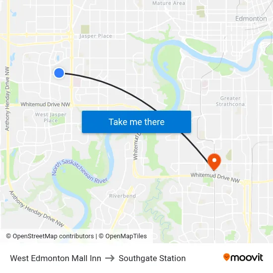 West Edmonton Mall Inn to Southgate Station map