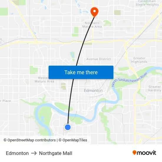 Edmonton to Northgate Mall map