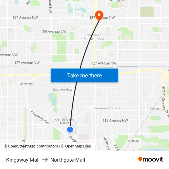 Kingsway Mall to Northgate Mall map