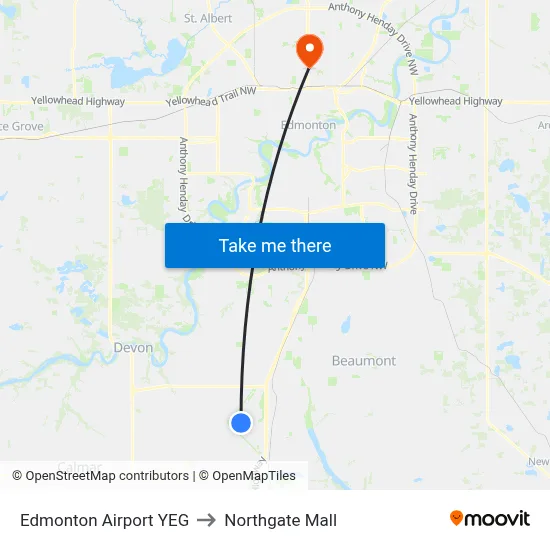 Edmonton Airport YEG to Northgate Mall map