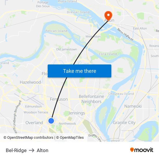 Bel-Ridge to Alton map