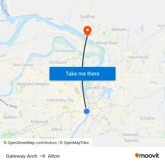 Gateway Arch to Alton map
