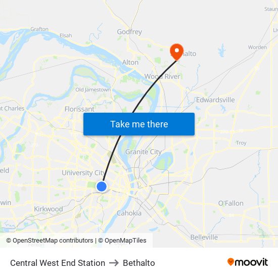 Central West End Station to Bethalto map