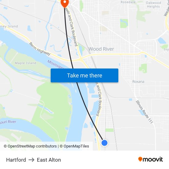 Hartford to East Alton map