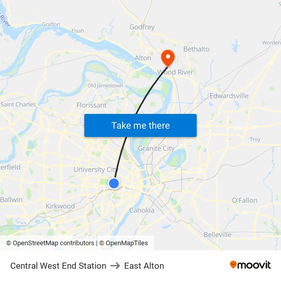 Central West End Station to East Alton map