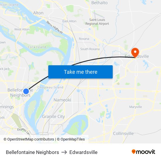 Bellefontaine Neighbors to Edwardsville map