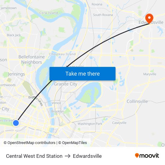 Central West End Station to Edwardsville map