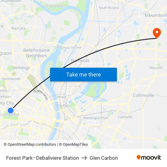 Forest Park–Debaliviere Station to Glen Carbon map