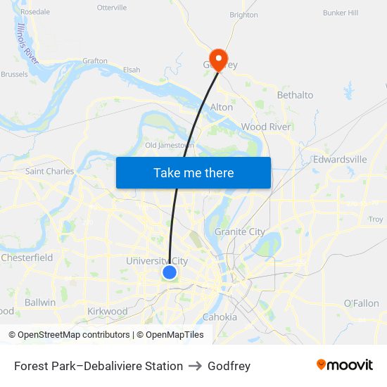 Forest Park–Debaliviere Station to Godfrey map