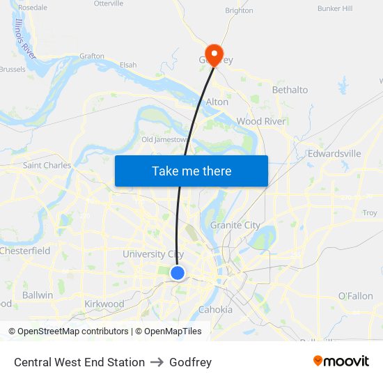 Central West End Station to Godfrey map