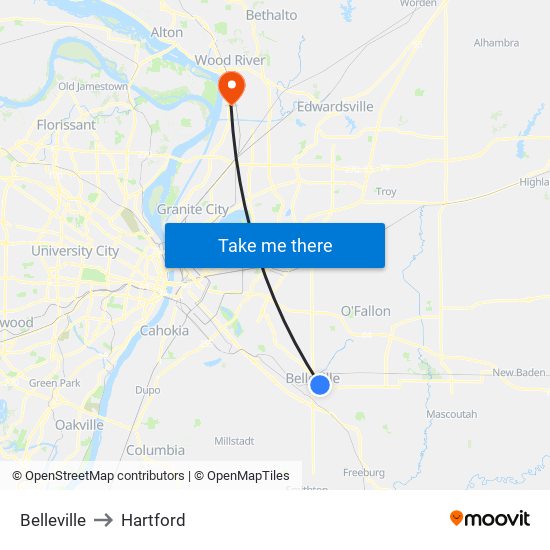 Belleville to Hartford map