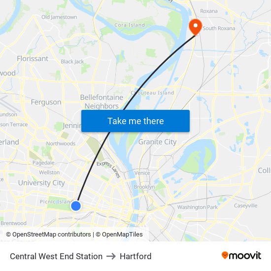 Central West End Station to Hartford map