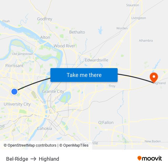 Bel-Ridge to Highland map