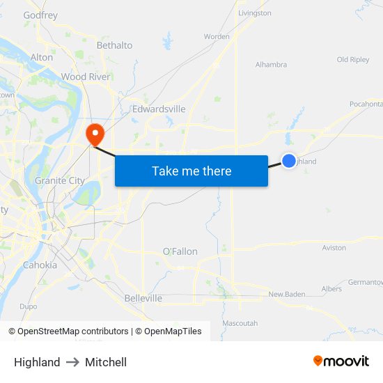 Highland to Mitchell map