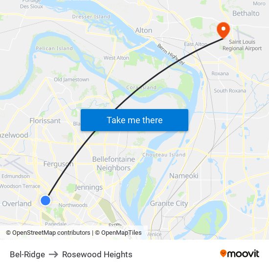 Bel-Ridge to Rosewood Heights map