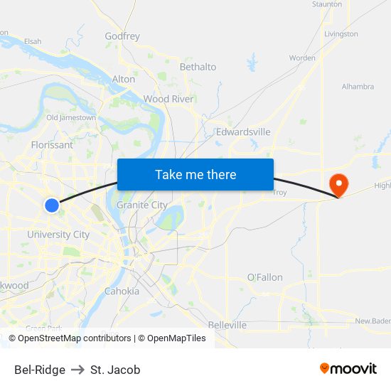 Bel-Ridge to St. Jacob map