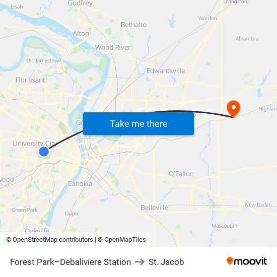 Forest Park–Debaliviere Station to St. Jacob map