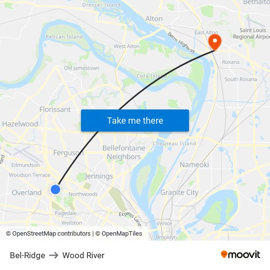 Bel-Ridge to Wood River map