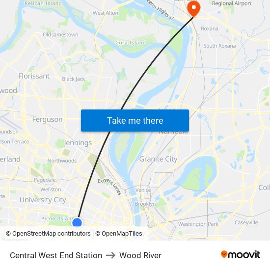Central West End Station to Wood River map