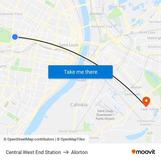 Central West End Station to Alorton map