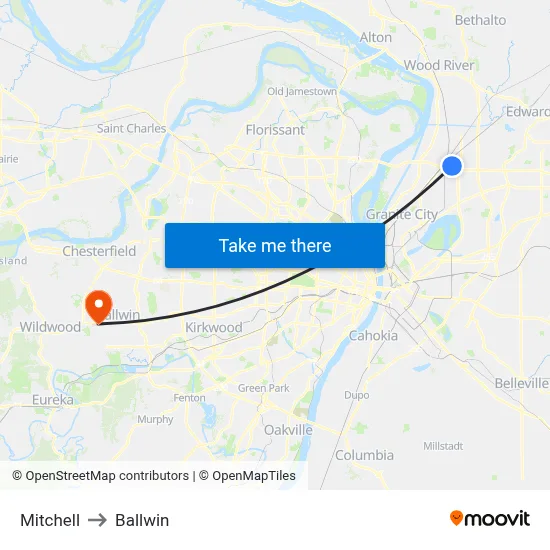 Mitchell to Ballwin map