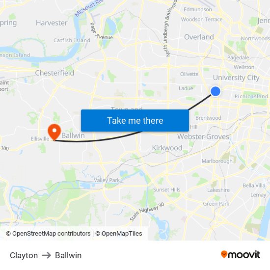 Clayton to Ballwin map