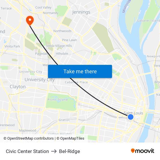 Civic Center Station to Bel-Ridge map