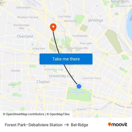 Forest Park–Debaliviere Station to Bel-Ridge map