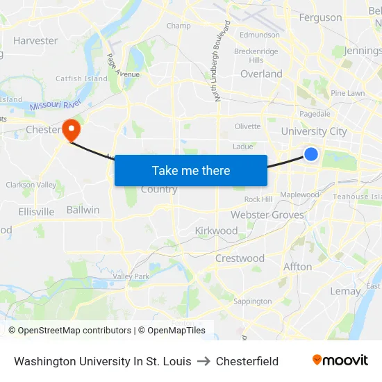 Washington University In St. Louis to Chesterfield map