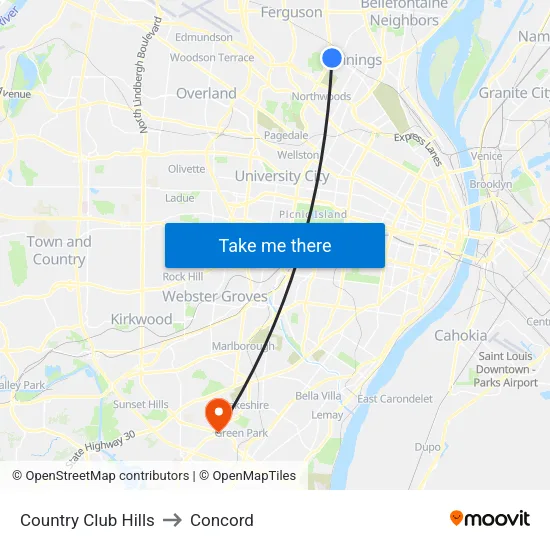 Country Club Hills to Concord map