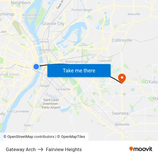 Gateway Arch to Fairview Heights map