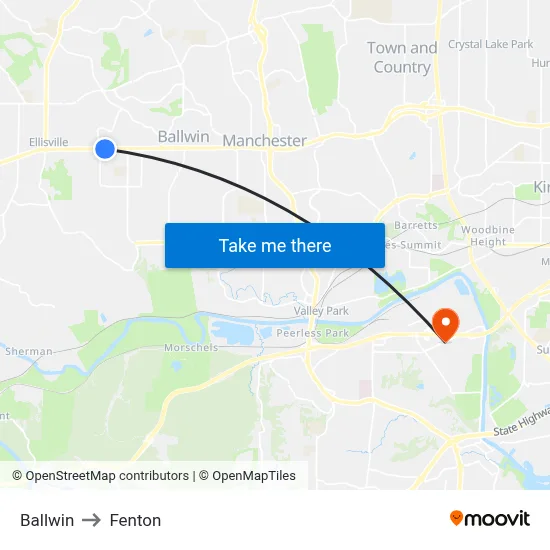 Ballwin to Fenton map