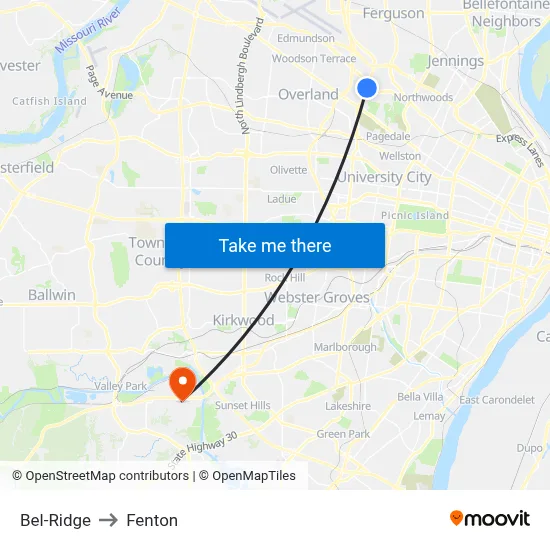 Bel-Ridge to Fenton map
