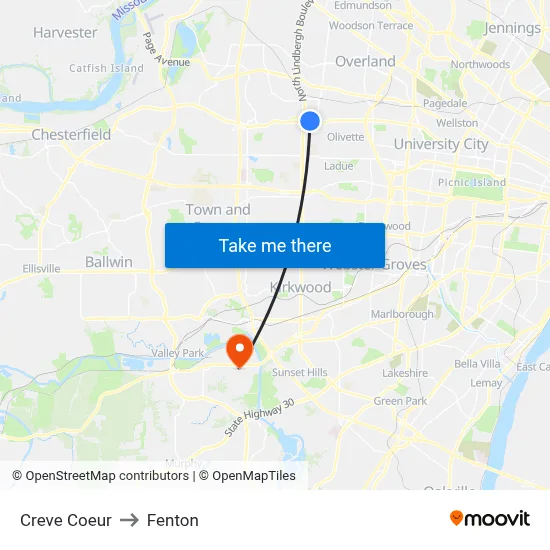 Creve Coeur to Fenton map