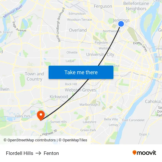Flordell Hills to Fenton map