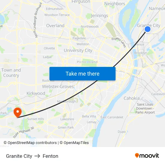 Granite City to Fenton map