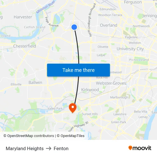 Maryland Heights to Fenton map