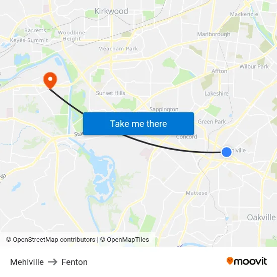 Mehlville to Fenton map
