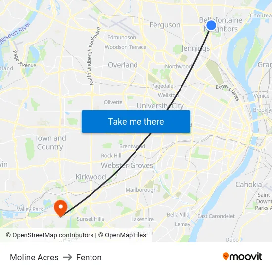 Moline Acres to Fenton map