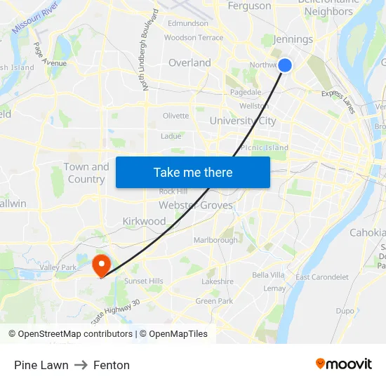 Pine Lawn to Fenton map